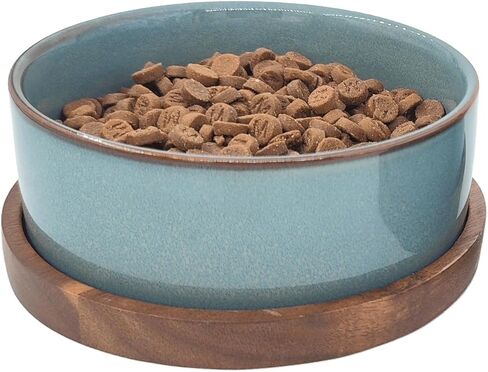 Ceramic Cat Bowl with Wooden Tray,Light Blue Glaze， 5.6 x 5.6 inch, 13.5 oz Capacity, Kiln-Formed Light Orchid Glaze, Anti-Tip Design in Kuwait