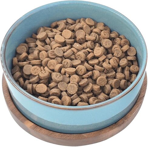 Ceramic Cat Bowl with Wooden Tray,Light Blue Glaze， 5.6 x 5.6 inch, 13.5 oz Capacity, Kiln-Formed Light Orchid Glaze, Anti-Tip Design in Kuwait