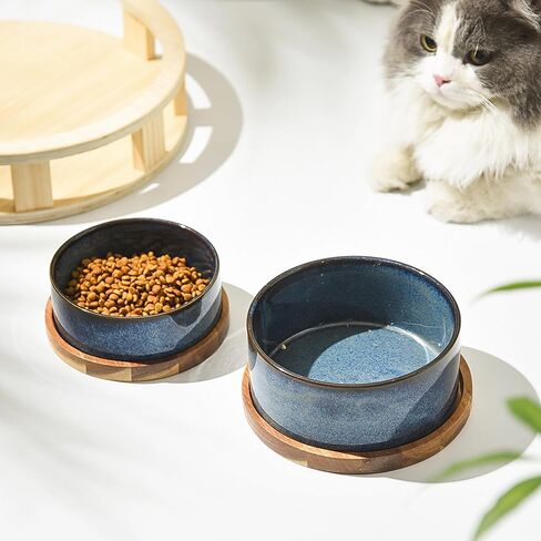 Ceramic Cat Bowl with Wooden Tray,Light Blue Glaze， 5.6 x 5.6 inch, 13.5 oz Capacity, Kiln-Formed Light Orchid Glaze, Anti-Tip Design in Kuwait