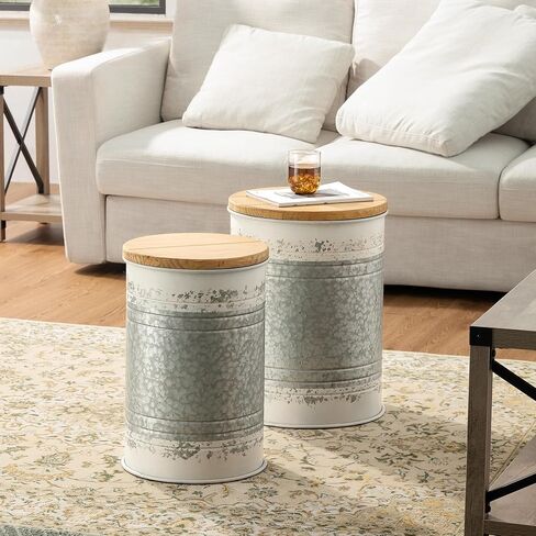 Glitzhome Rustic End Table Set of 2, Farmhouse Galvanized Metal Barrel Ottoman Storage Stool with Round Wood Lid for Living Room Furniture, Grey in Kuwait