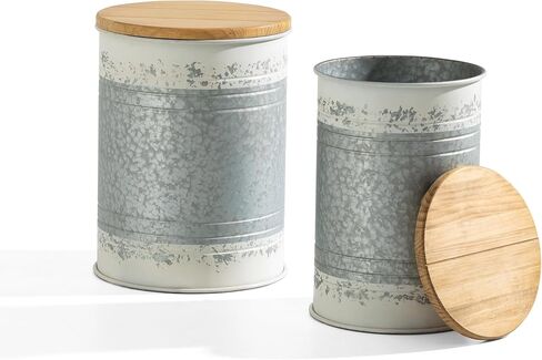 Glitzhome Rustic End Table Set of 2, Farmhouse Galvanized Metal Barrel Ottoman Storage Stool with Round Wood Lid for Living Room Furniture, Grey in Kuwait