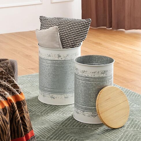 Glitzhome Rustic End Table Set of 2, Farmhouse Galvanized Metal Barrel Ottoman Storage Stool with Round Wood Lid for Living Room Furniture, Grey in Kuwait