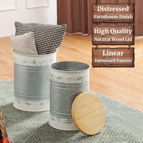 Glitzhome Rustic End Table Set of 2, Farmhouse Galvanized Metal Barrel Ottoman Storage Stool with Round Wood Lid for Living Room Furniture, Grey in Kuwait