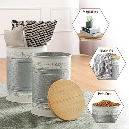 Glitzhome Rustic End Table Set of 2, Farmhouse Galvanized Metal Barrel Ottoman Storage Stool with Round Wood Lid for Living Room Furniture, Grey in Kuwait