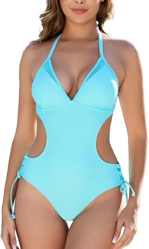 LXheysea Women's Halter Cutout One Piece Swimsuit Mesh Monokini Bathing Suit in Kuwait