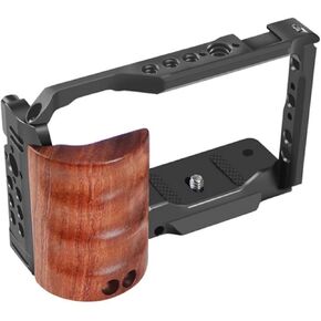 Camera Cage with Wood Handle for Sony Alpha ZV-E10, Aluminum Video Rig (with Handle 1)