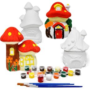 مجموعة من 4 طلاء الخاص بك Mini Fairy Garden House تمثال مجموعة الفطر منازل للأطفال المنزل ديكور الصيف الربيع الفني والرسم مشروع مشروع