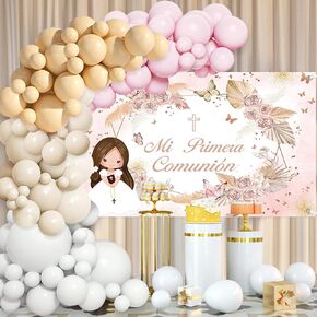 MEHOFOND Baptism Decorations for Girls Mi Primera Comunión First Holy Communion Balloon Kit Christening God Bless Baptism Party Decorations Pink Balloon Garland Kit with Banner Cross Balloons