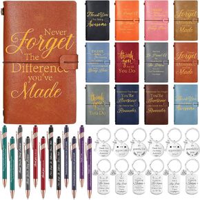 Fulmoon 36 Pcs Thank You Teacher Gift Include 12 Refillable Inspirational PU Leather Journal Notebook 12 Ballpoint Pen 12 Motivational Keychain Employee Appreciation Gift for Nurse Volunteer Coworker