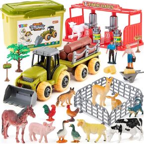 ألعاب حيوانات مزرعة للأطفال الصغار الأطفال 3-5 ، 36pcs التماثيل الحيوانية واقعية مع Take Tractor و Box ، ألعاب المزرعة البلاستيكية رعاة البقر للبنات الفتيات 3 4 5 6 7 8 سنوات