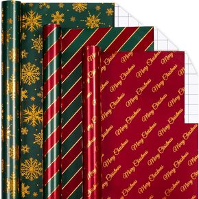 MAYPLUSS Christmas Wrapping Paper Roll - Mini Roll - 17 inch X 120 inch Per roll - 3 Different Green Design with Glitter Metallic Foil Shine (42.3 sq.ft.ttl)