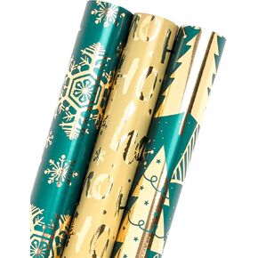 MAYPLUSS Christmas Wrapping Paper Roll - Mini Roll - 17 inch X 120 inch Per roll - 3 Different Green Design with Glitter Metallic Foil Shine (42.3 sq.ft.ttl) in Saudi Arabia