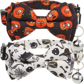 Halloween Cat Bowtie Collar, Set of 2 Holiday Kitten Collar with Bell