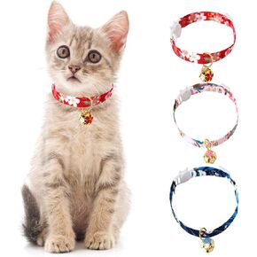 Breakaway Cat Collar, 3 Pieces Adjustable Cat Collars Japanese Style Cat Collar with Hollow Flower Bell for Kitten Puppy Pets, Red, Pink, Blue