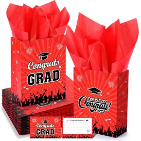 KPOSIYA Graduation Gift Bags 12-Pack with Tissue Paper & Cards, Class of 2025 Grad Gift Bag, Congratulations Party Favor Bags with Handles for High School, College, 8th Grade and MoreMoreBlue，Black
