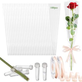 AKLVBL Flower Sleeves for Bouquets 100 Pcs Clear Single Rose Sleeve - 100 Pcs Floral Water Tubes for Bouquets - 40 Yards Light Pink Ribbon for Gift Wrapping for Mother's Day Wedding Graduation Party