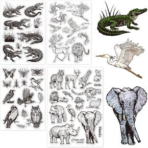 GLOBLELAND 4 Sheets Animal Crocodile Clear Stamps for Card Making Elephant Koi Cranes Tigers Silicone Clear Stamp Seals Transparent Stamps for DIY Scrapbooking Journals Decorative Photo Album