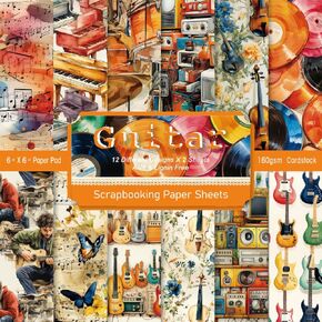 24 Sheets Guitar Pattern Paper, 6" x 6" Scrapbooking Supplies Paper Decorative Craft Paper for DIY Card Making Photo Album Junk Journal Décor