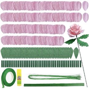 Aouxseem Crepe Paper Rose Flower Diy Making Kit ، يحتوي على سلك الورق الأنسجة المقطوع مسبقًا سيقان الأزهار الأزهار لمهرجان حفل زفاف حفلة عيد ميلاد زخرفة