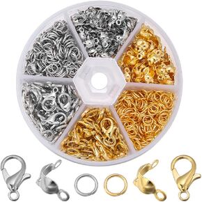 مربع من 450pcs مجوهرات صنع ملحق مجموعة مجوهرات صنع لوازم 50pcs claw claw clasps ، حلقات قفزة مفتوحة 200 ٪ و 200pcs حبة الحرف DIY لصنع المجوهرات صنع المجوهرات