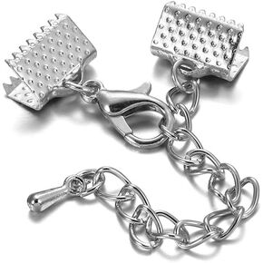 20 Sets Ribbon Cord Ends Clamps Flat Leather Crimp Ends with Lobster Clasp and Extension Chain for Jewelry Making (10 MM)