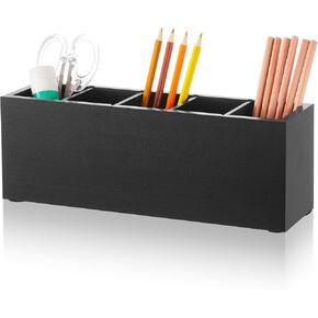 Jetec Wooden Pencil حامل 5 مقصورات للمكتب حامل القلم القابل للضبط منظمي مكتب المكتب وملحقات مكياج فرشاة القلم والمنزل والمكاتب والفنية (أسود)