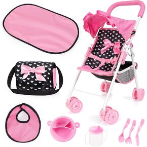Bayer Design: Buggy: Doll Stroller Set - Black, Pink, Hearts - Stroller w/Matching Shoulder Bag, Changing Mat & Feeding Accessories, Ages 3+