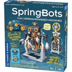 التايمز و Kosmos Springbots STEM KIT | بناء 3 مدعوم من الربيع | سباق سيارة ، روبوت المشي ، العد التنازلي مدعوم من Mainspring | تعرف على الطاقة المحتملة والحركية ، التروس والينابيع ، الأسود