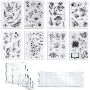 UCEC 8 Sheets Clear Stamps for Card Making, Silicone Stamps Flower Stamps for Crafting & 7 Pieces Acrylic Stamp Block Assorted Sizes Clear Acrylic Mounting Blocks Set