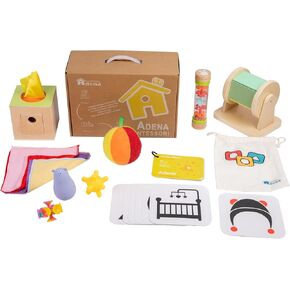 Adena Montessori Play Kit for 0-6 Month Baby,9 in 1 Learning Kit Includ Black&White Card,Rainmake Rattle,Sensory Ball,Tummy Time Wobbler,Tissue Box,Tissue,Rainbow Ball,Rainbow Drum,Suction Cup Spinner