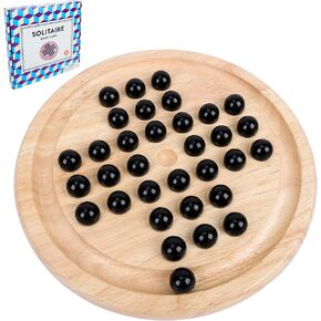 Wooden Solitaire Board Game with 33 Piece Black Glass Marbles Classic One Player Gameplay Strategy Puzzle Board Games Kids & Adults Fun Family Tabletop Toys, Birthday Gift,Table Games