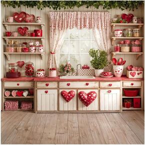 Kate 7x5ft Happy Valentine's Day Wedding Lover Photography Backdrops Kitchen White Wall Red Sweetheart Patterns Tableware Decoration Kitchen Baby Children Photo Background in Kuwait