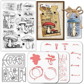 GLOBLELAND Mushrooms Clear Silicone Stamp Metal Label and Tickets Cutting Die Cuts Layering Grunge Texture PET Paint Craft Stencils for Card Making Scrapbooking Craft DIY Embossing
