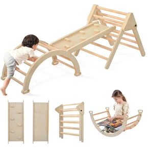 Pikler Triangle Set, Foldable Climbing Play Gym with Arch, Ramp, and Climbing Triangle, Wodden Toddler Climbing Toys Indoor, Montessori Learning Toy for Kids 2-12 Years