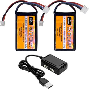 2pcs 7.4v 500mAh 30c ph2.0 plug plug plug charger مع شاحن 2-in-1 مناسب لمركبة AX24 SCX24 RC متوافقة مع معظم 1/10 ، 1/16 ، 1/18 ، 1/24 مركبات RC النسبية
