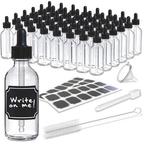 Nevlers 48 PK Clear Oil Dropper Bottles 2 oz |The Small Glass Bottle with Dropper Includes Droppers for Oils, Funnel, Brush, & Marker with Labels |Leakproof Glass Eye Dropper Bottle