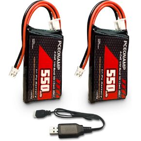 2S Lipo Battery 550mAh 7.4V لـ SCX24 BUST 70C مع PH2.0 PLUP قابلة لإعادة الشحن عالية السعة RC 7.4V LIPO تناسب 1/18 ، 1/24 مقياس RC شاحنات مع شاحن USB 1 （2PACK））