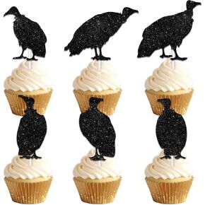 18pcs Black Silhouette Glitter Vulture Dessert Cupcake Topper Pick for Eagle Nature Birds Flying Theme Decor Supplies Baby Shower Boys Girls Happy Birthday Party Decorations
