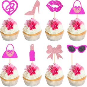 48pcs princess موضوع كب كيك أعلى القبعات فتاة اللمعان اللون الوردي اختيارات مع أكواب اليد قوس الشفاه ربطة الشفاه