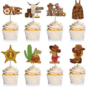 Suzile 48 PCS My 1st Rodeo Cake Topper Cowboy Cupcake Topcake Hat Boot Cow Skull Cactus Jumpsuit Divel Cowgirl Cake Decorations for Western Western Birthday Birth Baby Party Supplies