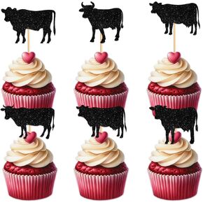 Cow Cupcake Topper for Farm Animals Moo Theme Party Favors Decorations Men Women Kids Happy Birthday Baby Shower Party Decor Supplies set 18pcs Black Glitter Silhouette
