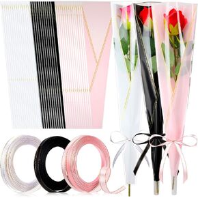 Jutom 300 PCS التخرج واحد الورد غلاف زهرة التفاف الذكرى السنوية أكياس غلاف زهرة واحدة مع 3 شريط الساتان البوليستر لتوفي الأزهار هدية عيد ميلاد (أسود ، وردي ، أبيض ، نمط كلاسيكي)