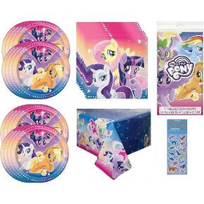 تتضمن مجموعة حزمة حزمة حفلة عيد ميلاد Little Pony 16 لوحات ورق كيك الحلوى ، 16 مناديل ، غطاء طاولة واحد (حزمة لـ 16)
