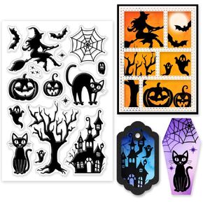 Globleland Halloween Silhouette Silicone Stamps for DIY Card Making Witch Black Cat Silicone Silicon Tree Tree Ghost Tream Clear Clear For Scrapbooking Photo Album Decorty Decoration