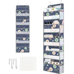 Clastyle White Flower Over the Door Organizer with 5 Large Pockets Rose Nursery Hanging Storage Organizer for Adult Clothes Diaper Toy Closet Door Hanging Shelf Storage for Bedroom Bathroom Pantry