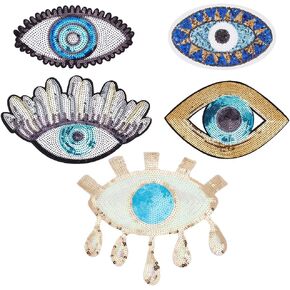 INFUNLY 5pcs Evil Eye Sequin Patches Iron on Evil Eye Patch Sew on Evil Eye Embroidery Patches Applique Adhesive Evil Eye Patches Badge for DIY Clothing Jeans Bags Jacket Backpack Hat, blue,gold