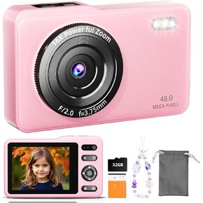 Kids Digital Camera, 48MP FHD 1080P Anti Shake 16X Zoom, Compact Portable Camera for Children Teens Beginners, with 32GB Card & Fun Features-White (White)