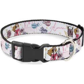 Buckle-Down Dog Collar Plastic Clip Sleeping Beauty Aurora and Fairy Godmothers Pose with Script 8.5 to 12 Inches 0.5 Inch Wide