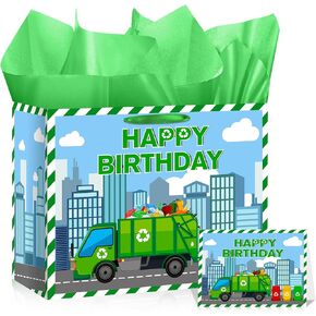 Yomaiha Trash Truck Birthday Gift Bags Garbage Truck Wrapping Paper Bag Garbage Truck Party Favors Goodie Bags with Tissue Paper and Card Garbage Trash Truck Birthday Decorations Supplies