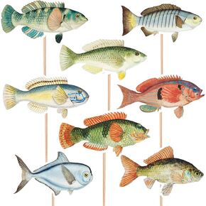 20pcs الصيد كب كيك أعلى ، زخارف حفلة صيد استحمام الطفل ، وحفلات باس يختار القبعات العليا على الوجهين لصياد الأسماك
